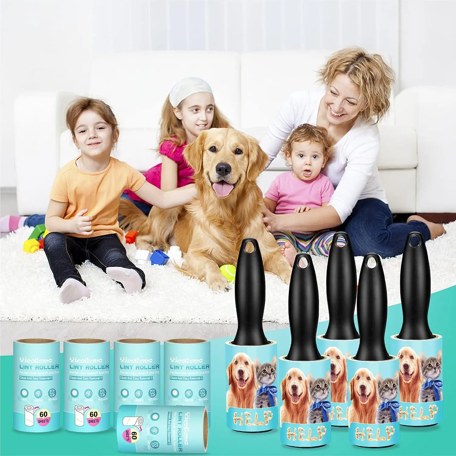 Household Carpet Cleaning Tool Custom 60 Sheets Reusable Sticky Pet Hairs Remover Portable Refill Lint Roller For Clothes