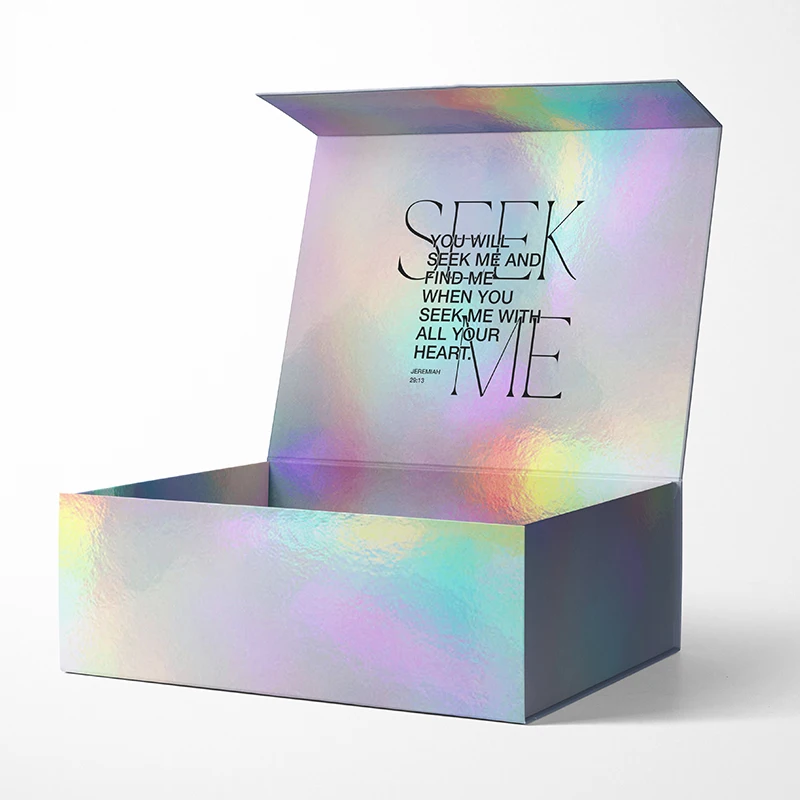 Holographic Iridescent Foil Shiny  Box Custom Logo Printed Rainbow Laser Color Corrugated paper silver Mailer Box