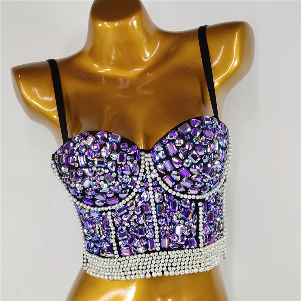 Vendor Women Vest Top With Underwire Halter Push Up Corsets And Bustiers Sexy Party Handmade Beaded Rhinestone Tank Top
