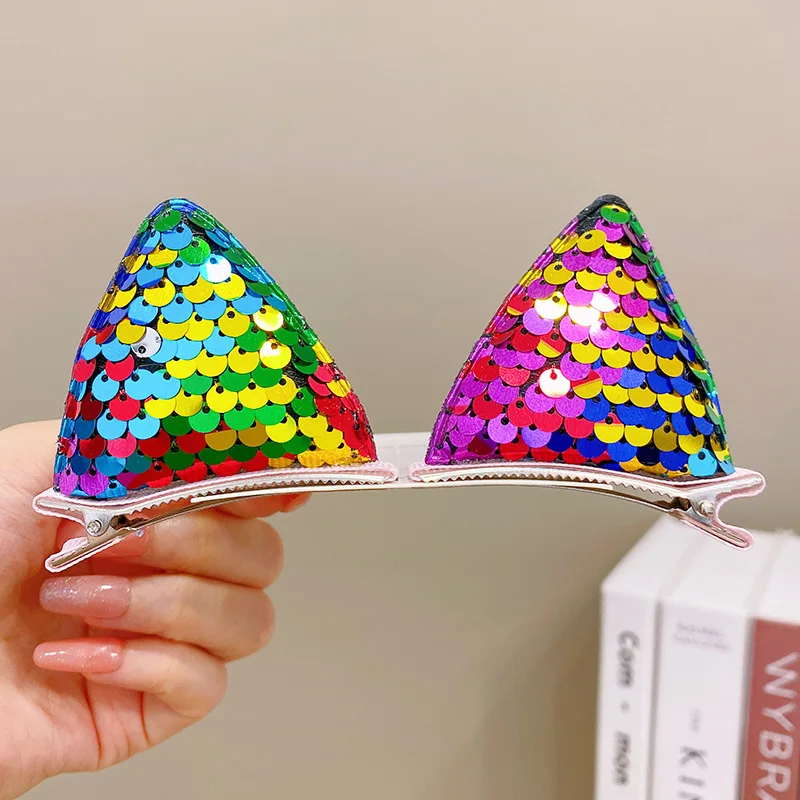 CN 2Pcs Cartoon Cat Ear Hairpins Toddler Girls Sequin Hair Clip Girls Princess Hair Accessories
