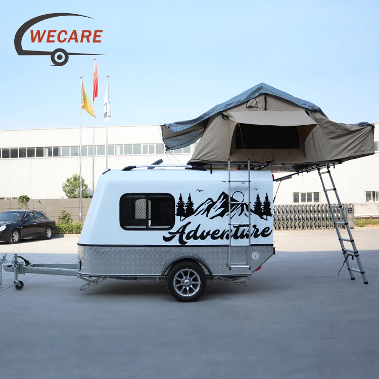 Wecare small camping caravan travel trailer mini overland camper trailer with roof top tent for sale