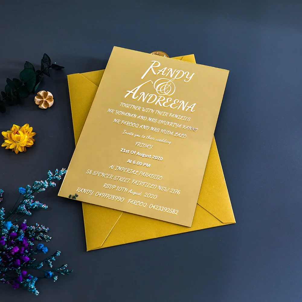 Manufacturer High Grade Clear Gold Mirror Yellow Marriage Wedding Invitation Card In Acrylic