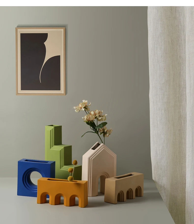 INS Wholesale Modern Irregular Nordic Home Decor Custom Shaped modern geometric Morandi color Architect Arrangement Ceramic Vase