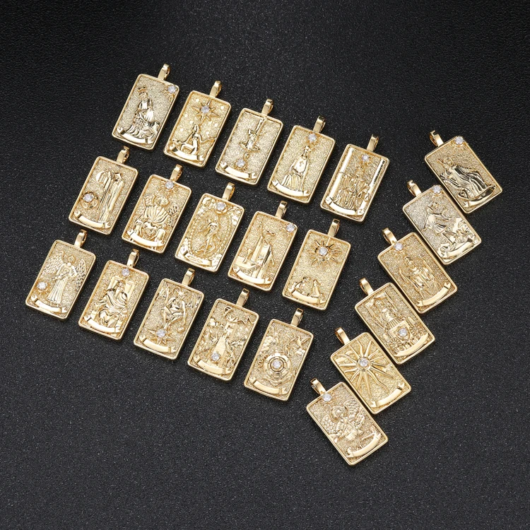 Wholesale 22 Designs Tarot Board 14K Gold Plated Rectangle Star Bulk Tarot Card Tibetan Necklace Charms Pendants