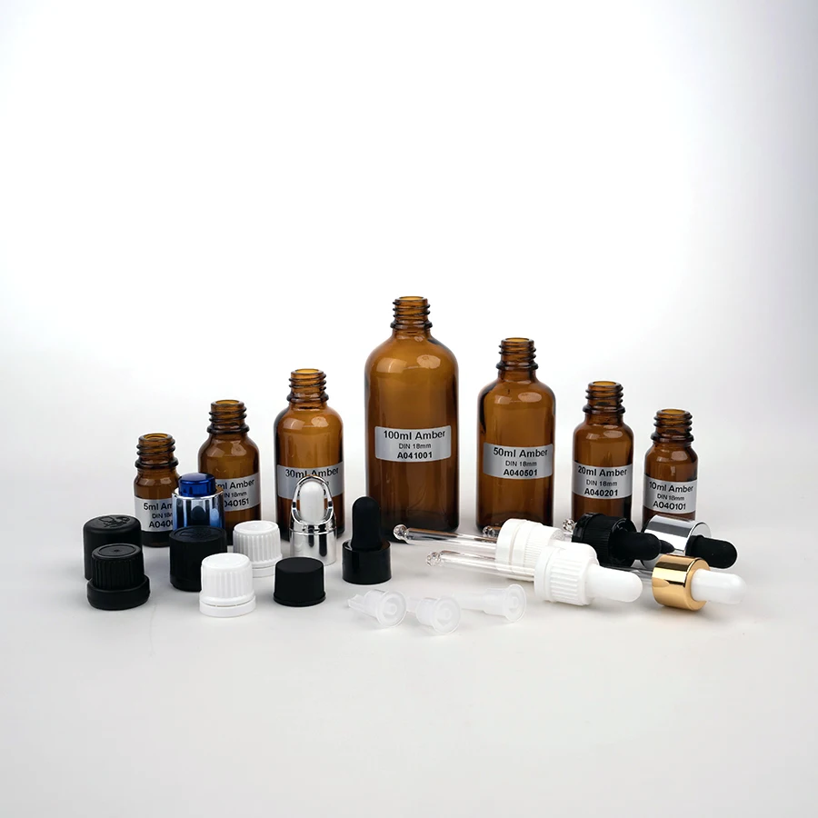 Wholesale  Glass Dropper Bottle 5ml 10ml 15ml 20ml 30ml 50ml 100ml Amber Essential Oil Dropper with Screw Cap