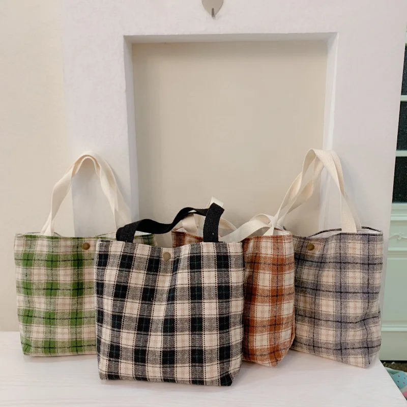 2021 new style literary cloth plaid bag simple plaid cloth bag canvas Tote bag