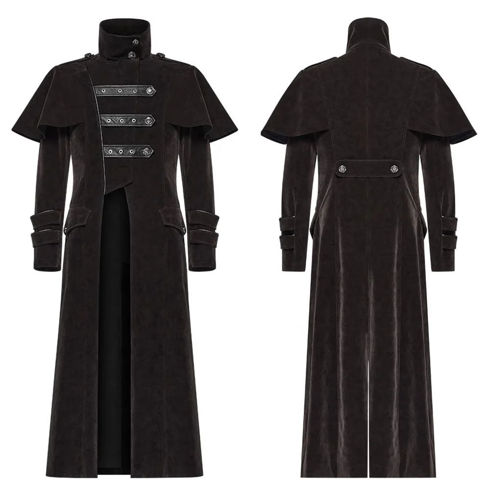 PUNK RAVE WY-1087  Uniform Stand Collar Velvet Long Coat Spliced Leather Button Men Winter Overcoat