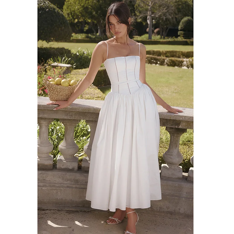 2024 New style hot sale hollow out lace bohemian aesthetic straps sling long dress for women