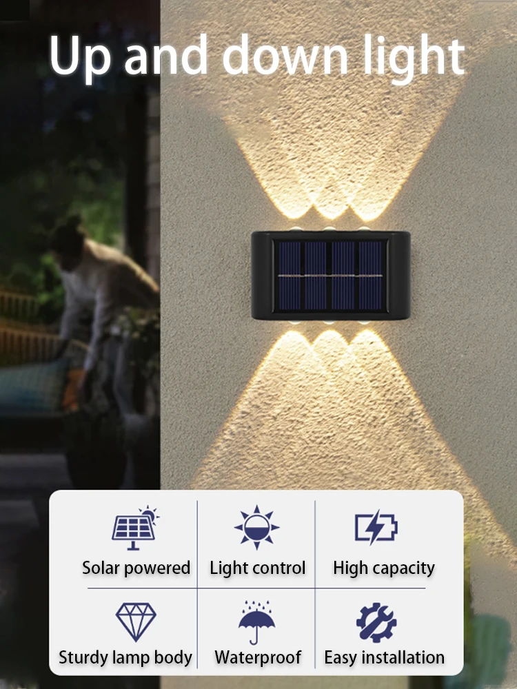 HSX Outdoor Super Bright Ip65 Waterproof Household Garden Yard Decoration Lighting Up Down Luminous 6 Led Solar Wall Lamp Light