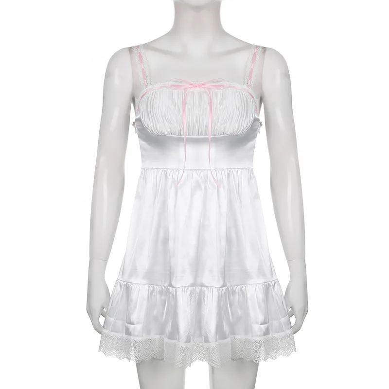 Sweet  Girl Summer White Bow Lace Dress Slim Women  Pleat Dress