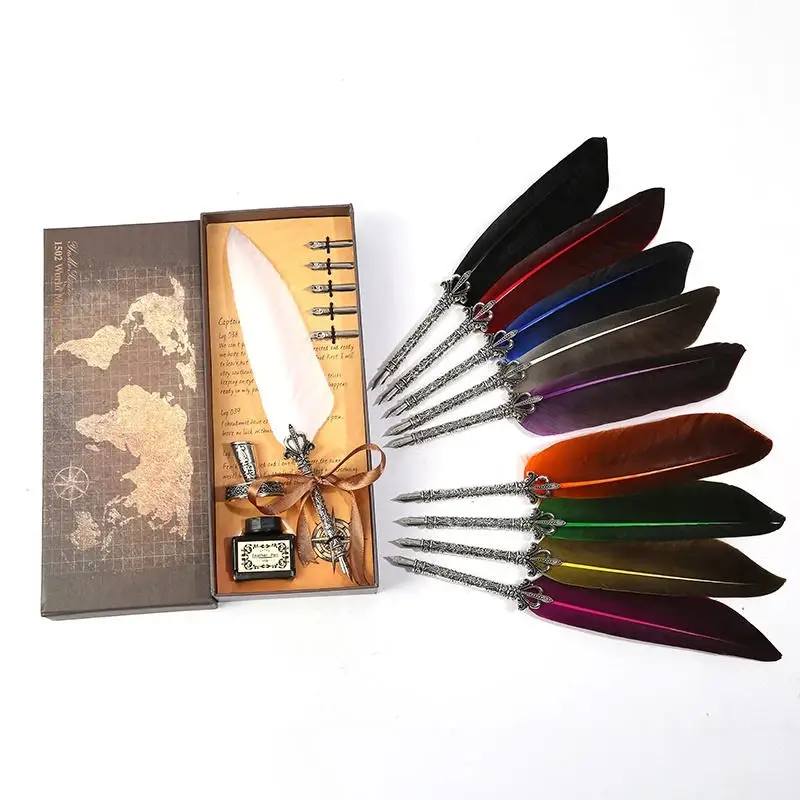 PAIPAI 1set Retro Vintage Calligraphy Feather Dip Pen Writing Ink Set Stationery Quill Fountain Pens Creative Vintage Pen