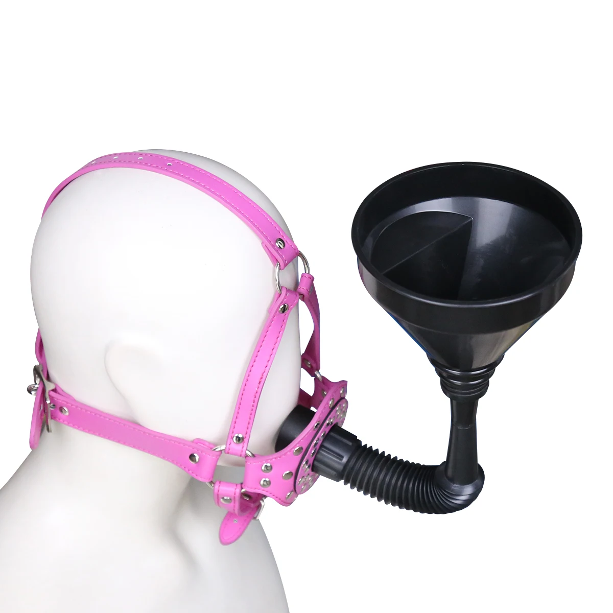 Head Harness Strap Toilet Lid Gag with Funnel PU Leather Funnel Oral Enema Drool Plug Gag Head Harness Bondage Adult Game