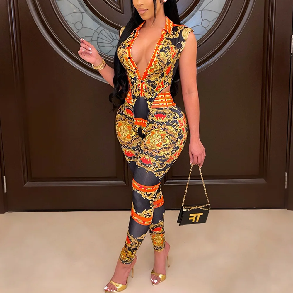 Ladies Summer 2 pieces sets fashion  V neck low-cut bodysuit digital printing sexy Jumpsuits for women