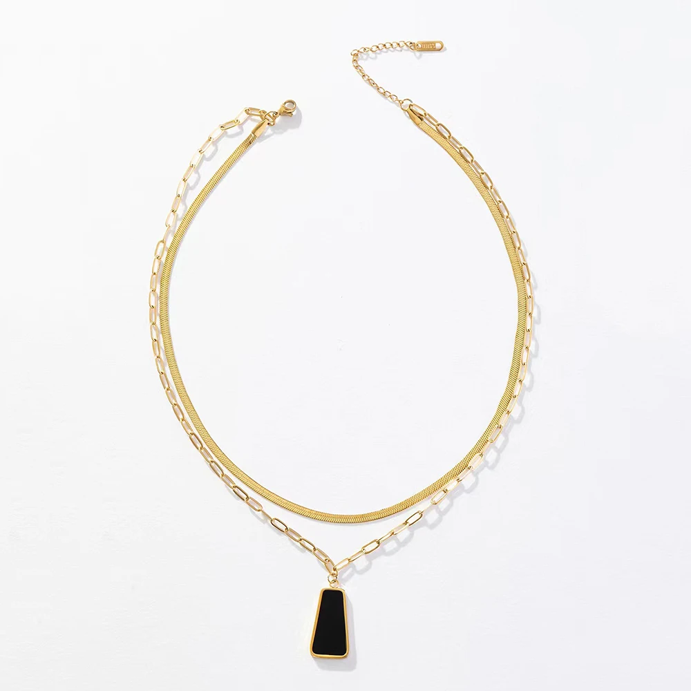 Minimalist 3Pcs Double Layer Clavicle Chain Stainless Steel Geometric Rectangular Black Shell Pendant Necklace Earrings Ring Set