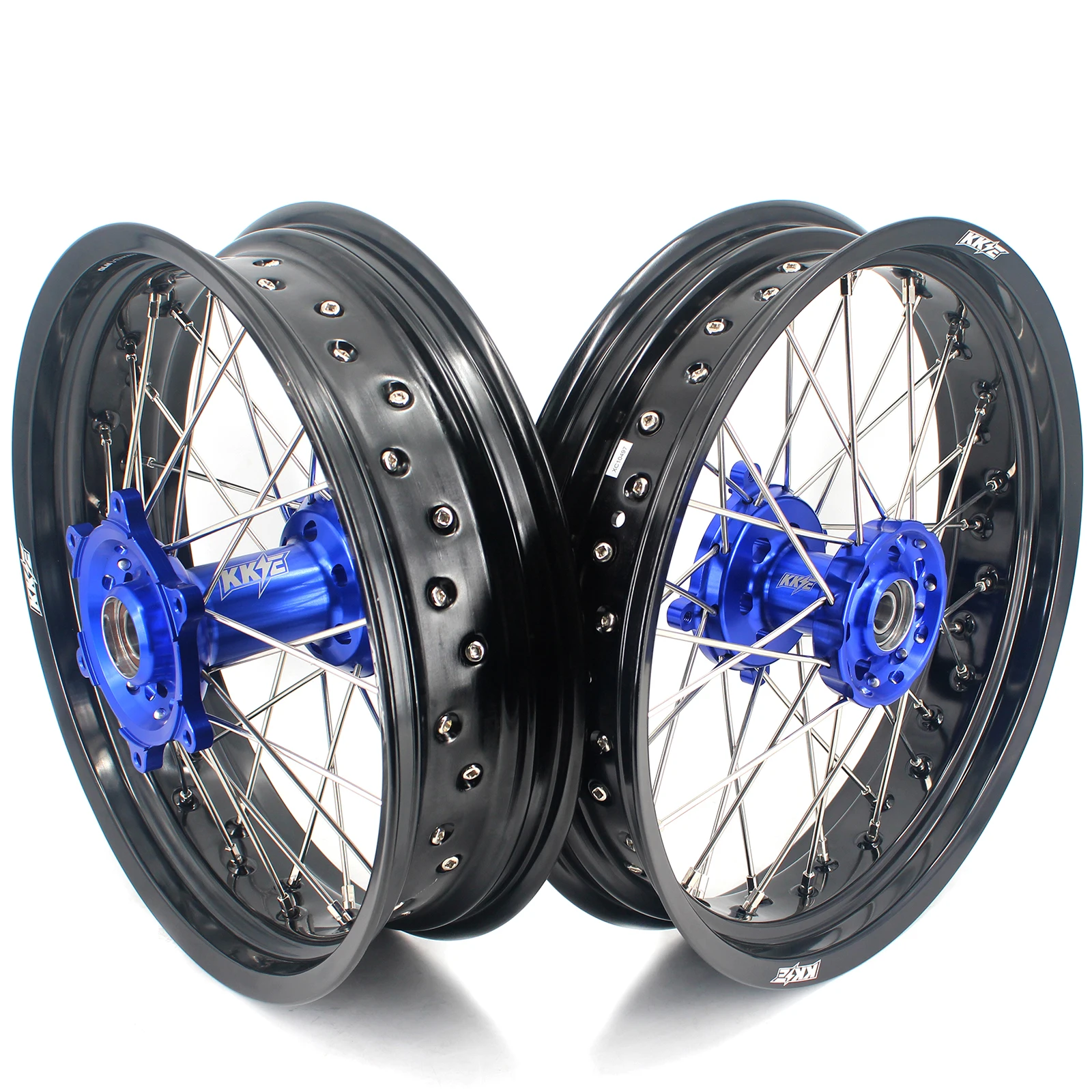 KKE 17 inch Spoked Supermoto Wheels Rims Set for Sherco SER SEF CNC Anodized Blue Hub Black Rim