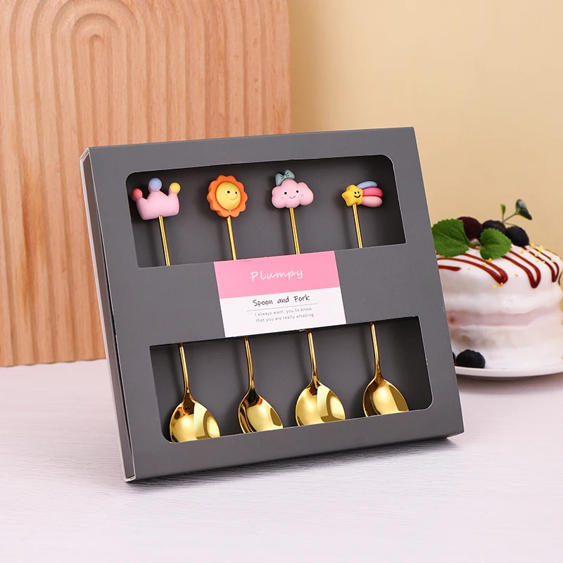 New Creative Cartoon Decoration Mixing Stirring Mini Coffee Spoon Stainless Steel Gold Coffee Spoon Set with Gift Box