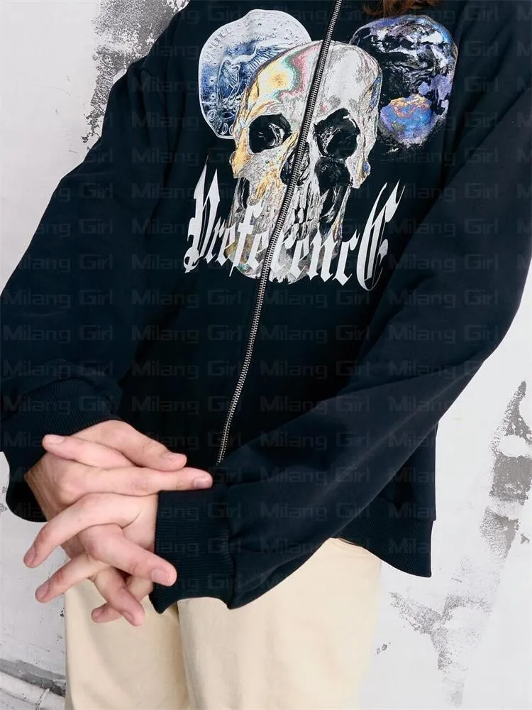 Wholesale high quality customize full zip up unisex rhinestone men skeleton hoodie