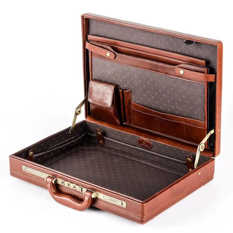 Glary vintage italian hard sided leather portfolio folding brief case with long lock