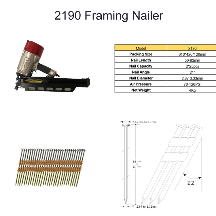 Industry quality 21 degree Pneumatic  Framing Nailer Nail Gun for 21 degree plastic strip framing nails