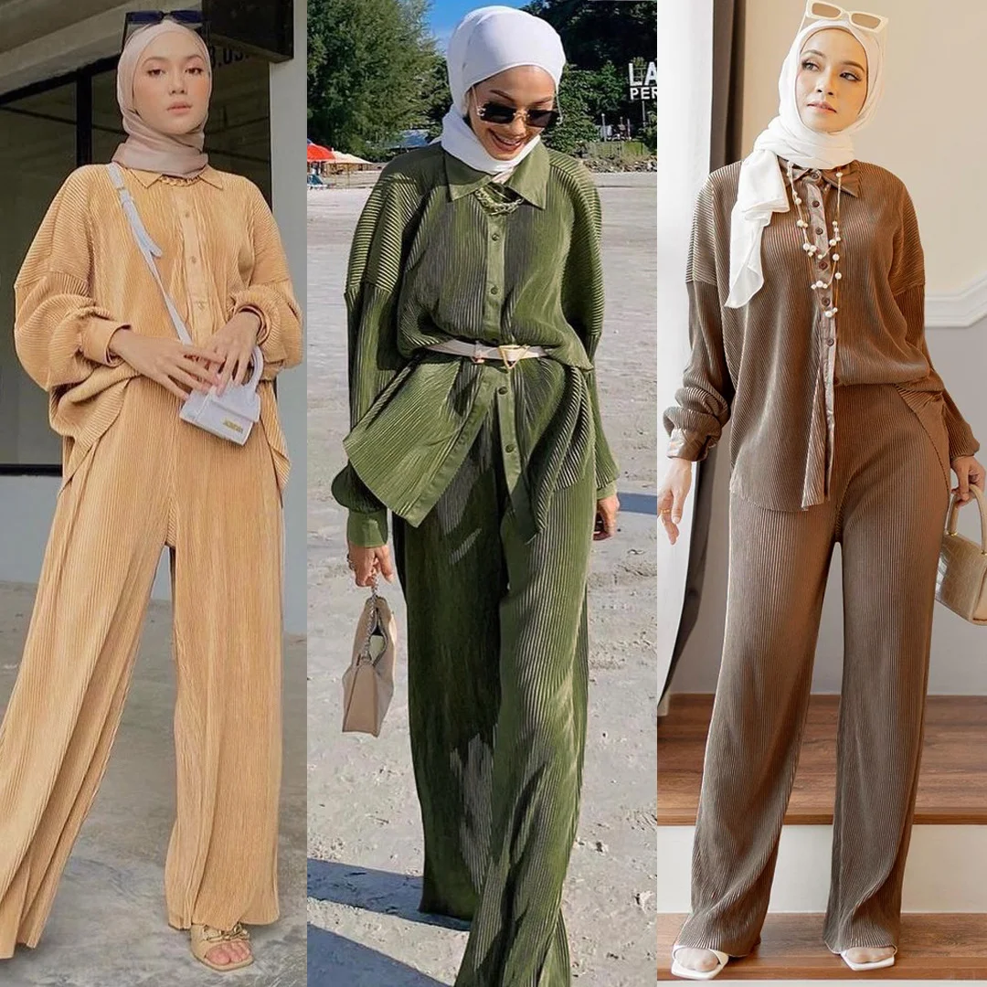 2022 Elegant Modest Pleated Lounge Pants Set Muslim Women Two Piece Top And Pant Set Kaftan 2pcs Abaya Set Kimono Outfit