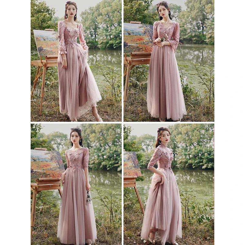 Xuya Senior Long-sleeved Pink Bridesmaid Dress Slim Sisters Group Dress Skirt For Women
