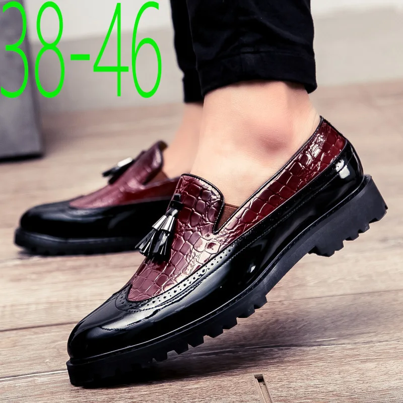 Formal Mens British Plus Size Slip On Casual Leather Shoes Color Blocked Tassel Bright Leather Fashion Height Increasing Shoes