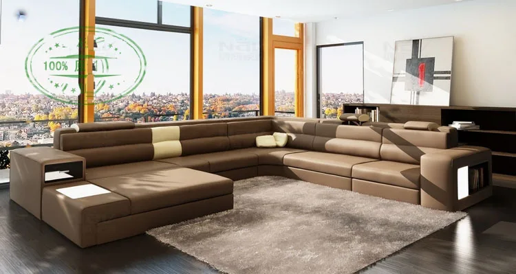 Luxury Design U Shaped Genuine Leather Wooden Modern Sofa Set With Headrest Waist-Rest
