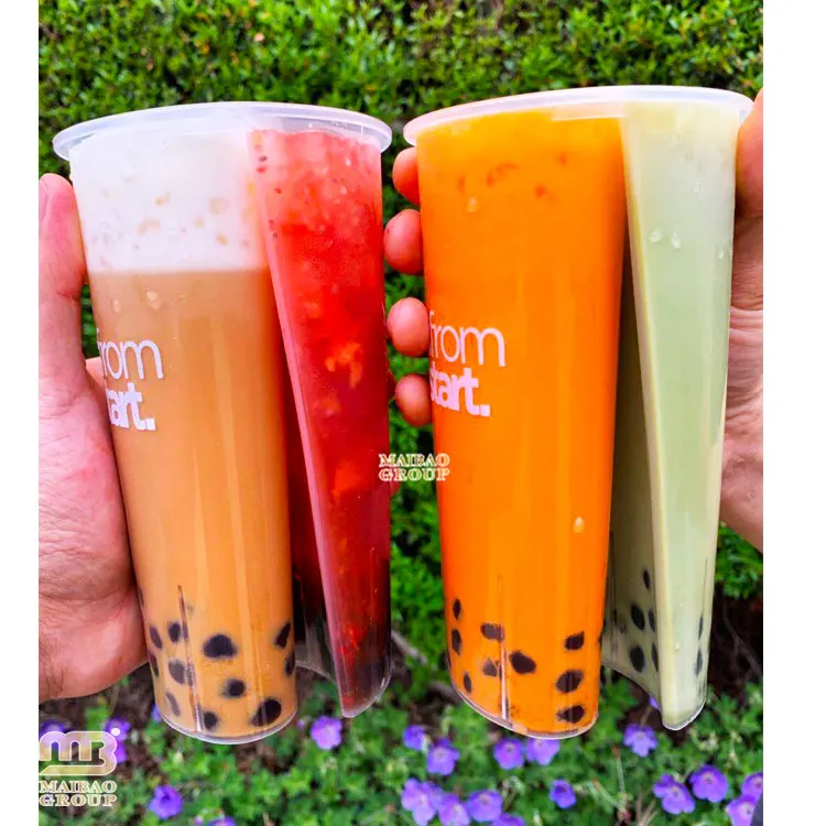 Triple Split Cup Three Compartments 700ml 24oz Disposable Double Twin Split Boba Cups Bubble Tea Drinking Tumbler With Lid Straw