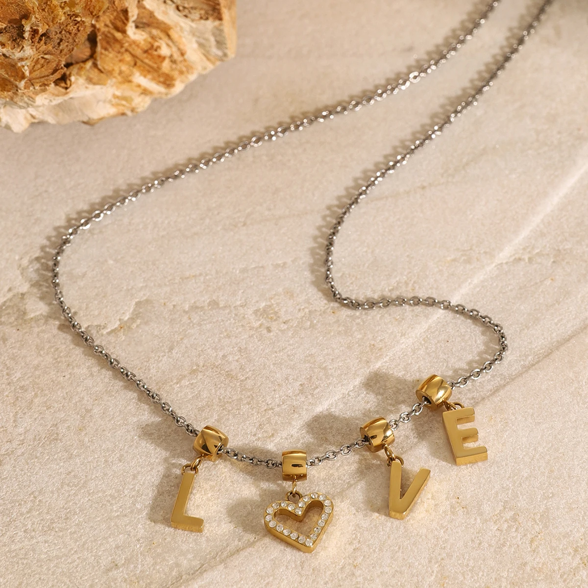 J&D Minimalist 14K Gold Plated Stainless Steel LOVE Pendant Sliding CZ Necklaces For Women 50cm