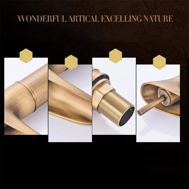 Copper Glass Water Tap Waterfall Spout Single Lever Hot and Cold Water Sink Faucet Antique Brass Bathroom Basin Faucet