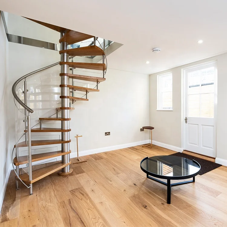 Best Quality And Low Price Glass Railing System Red Oak Tread & Stair Balcony Fence Part Spiral Staircase