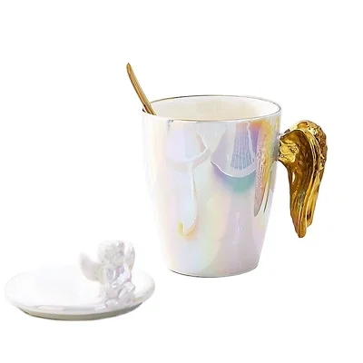 Creative Angel Ceramic Mugs with Lid Porcelain cup with pearl glaze