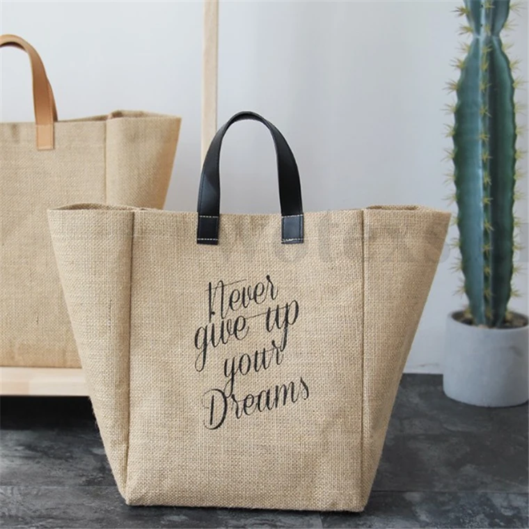 BJ0062 Wholesale Fashion Women Beach Tote Bag BurlapTote Bag leather handles jute tote