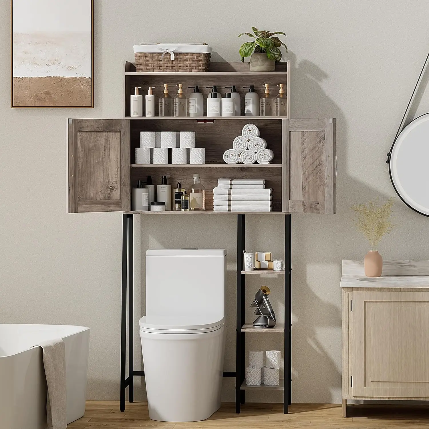 Bathroom American style toilet rack saving space living room 3 Layer storage rack with cabinet door