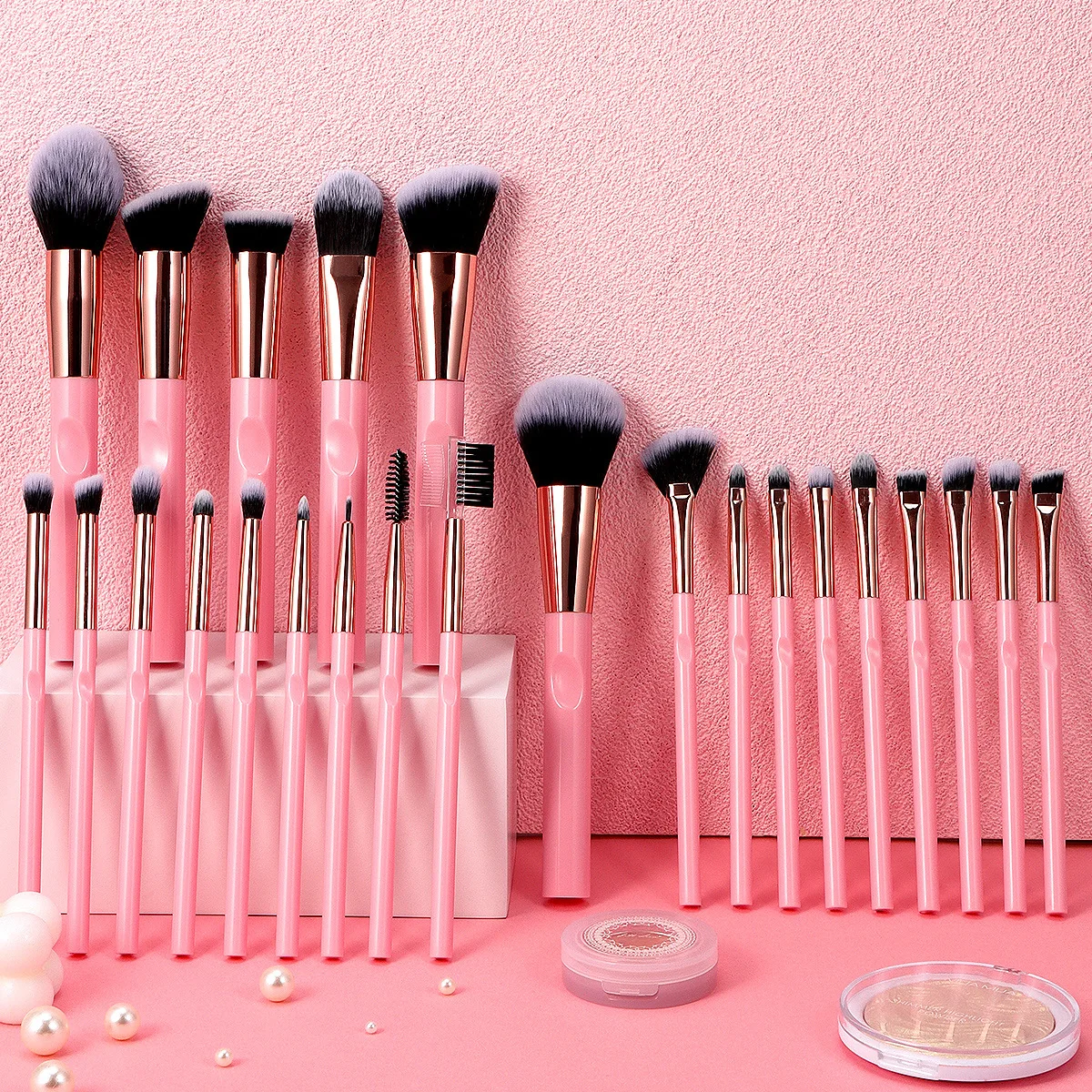 no logo hot sale brush set cosmetics 24 pcs pink black gray green color makeup brushes set with pu leather bag