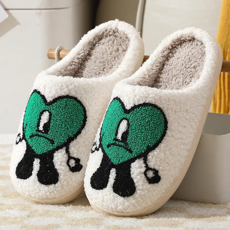 Wholesale Stock Custom Logo Red Heart Bad Cute Bunny Slippers Slides Ladies Warm Winter Home Slippers