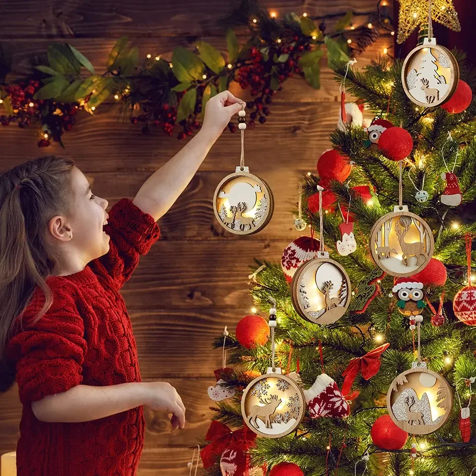 Christmas Hanging Wooden Hollow Fretwork Ornaments round UV Printed Wood Carving Gift Tags and Pendant Circle Laser Cutting