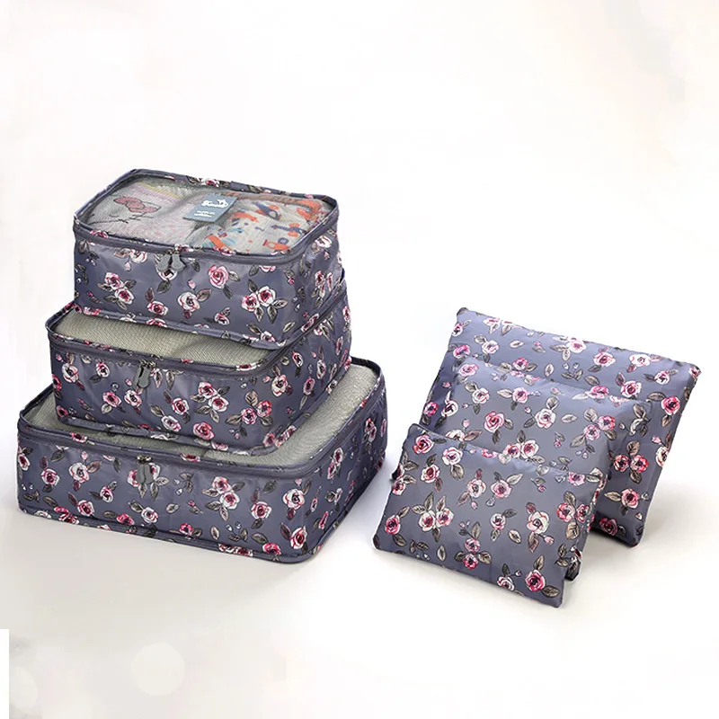Custom full color printing 6pcs set compression packing cubes travel luggage packing organizer suitcase storage bag
