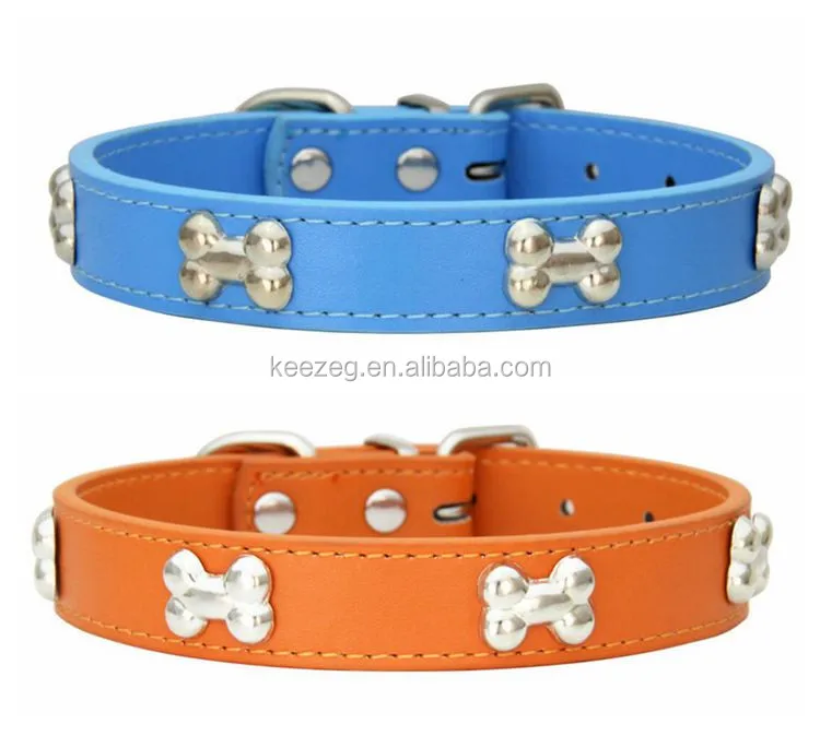 Dog products 15 colors studded bone dog leather collar for wholesale Adjustable pet collars