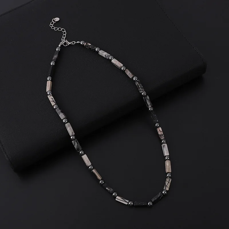 Woying Personalized Natural Stone Hematite Round Beaded Vintage Adjustable Choker Necklace For Men