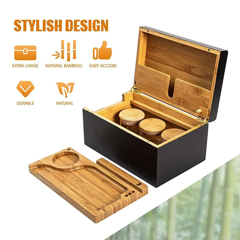 Customize Bamboo Smoking Accessories Wooden Rolling Tray Smell Proof Storage Herb Bamboo Stash Box with Lock Combo Kit