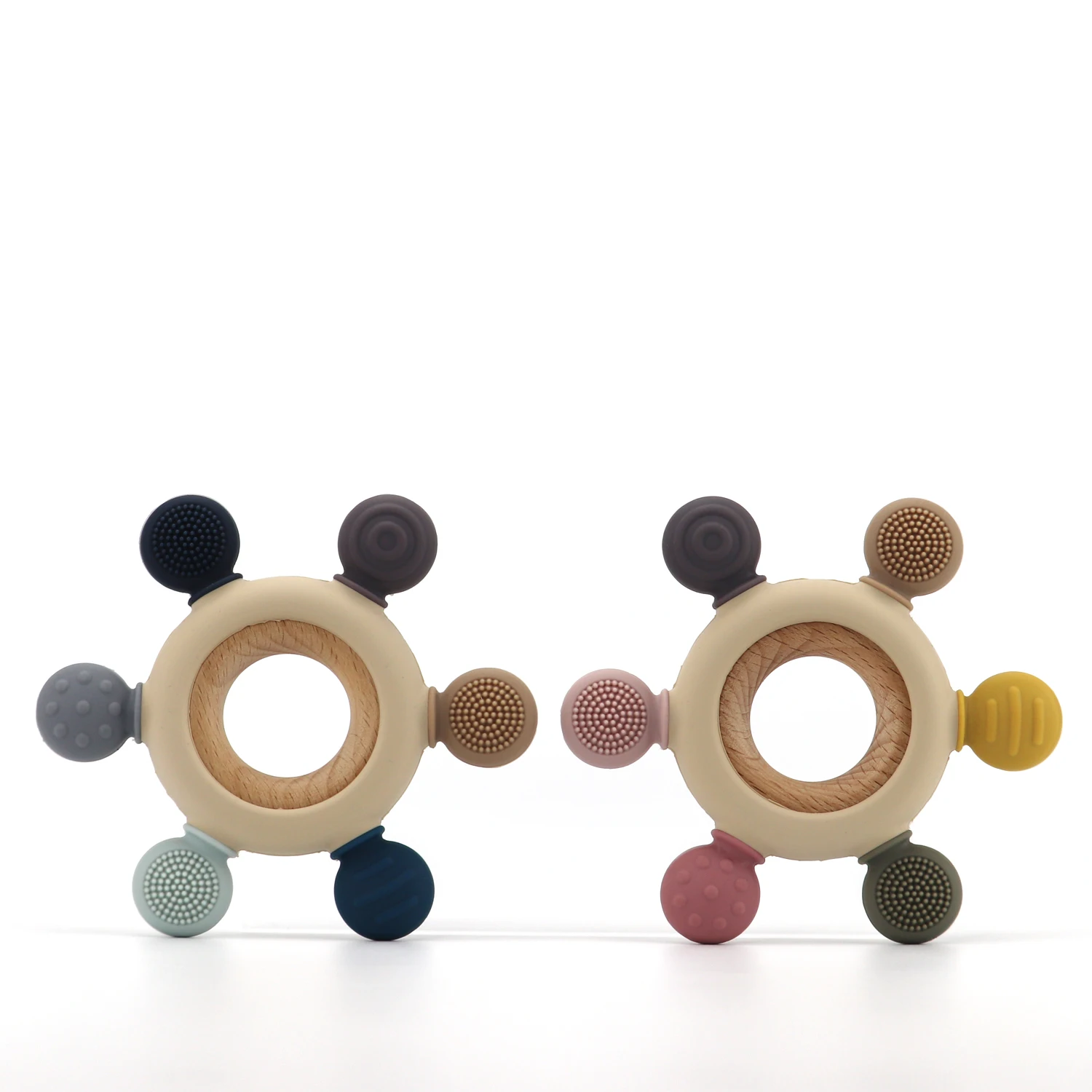 Baby Teethers Toy Teething Ring Grasping Teething Toy BPA Free Silicone Rudder with Wooden Ring