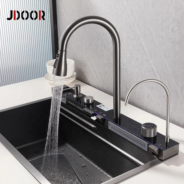 JDOOR новый дизайн современный цифровой дисплей многофункциональная Одиночная чаша из нержавеющей стали светодиодная водопад кухонная раковина с чашкой шайба