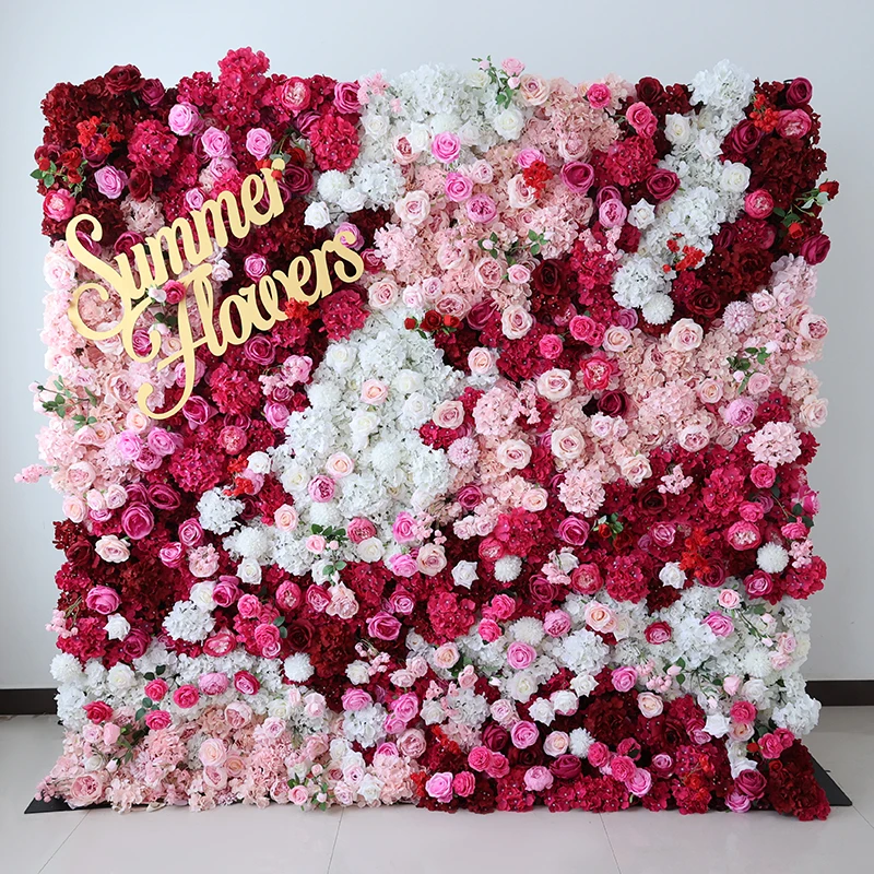 ZHANGJIAJIE SUMMER FLOWER Wholesale Artificial Silk Pink Decoration Roll Up Flower Wall Backdrop