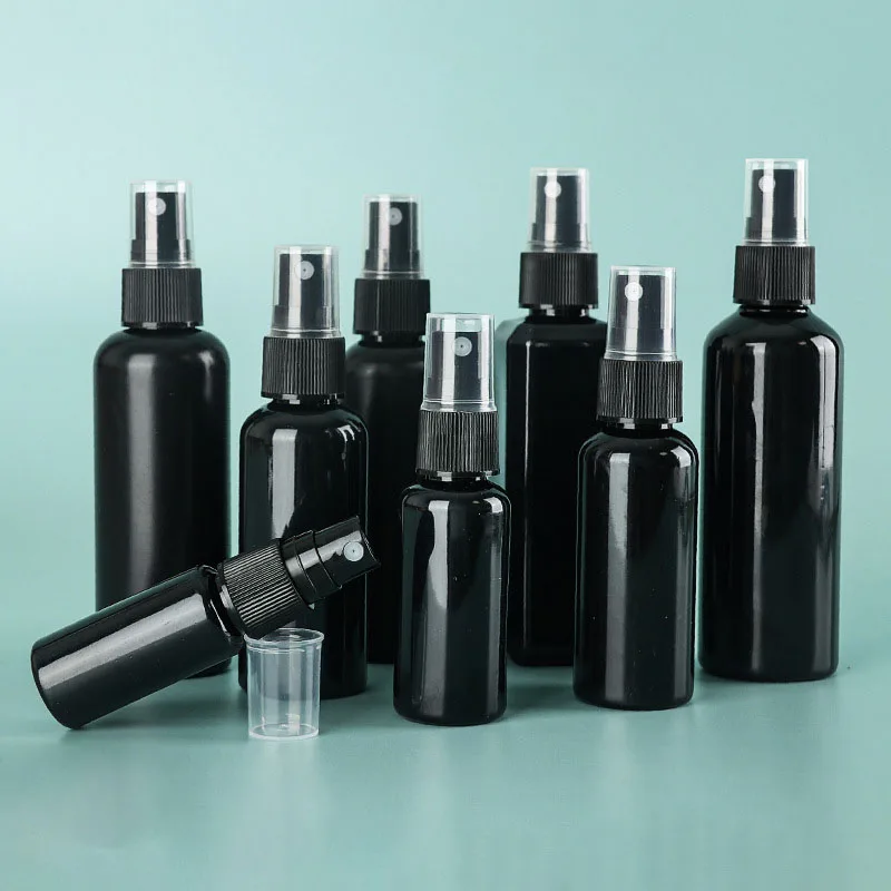 Stock 20ml30ml50ml60ml100mlPET Round fine mist spray bottle Plastic container packed Black cosmetics Custom logo pump sprayer
