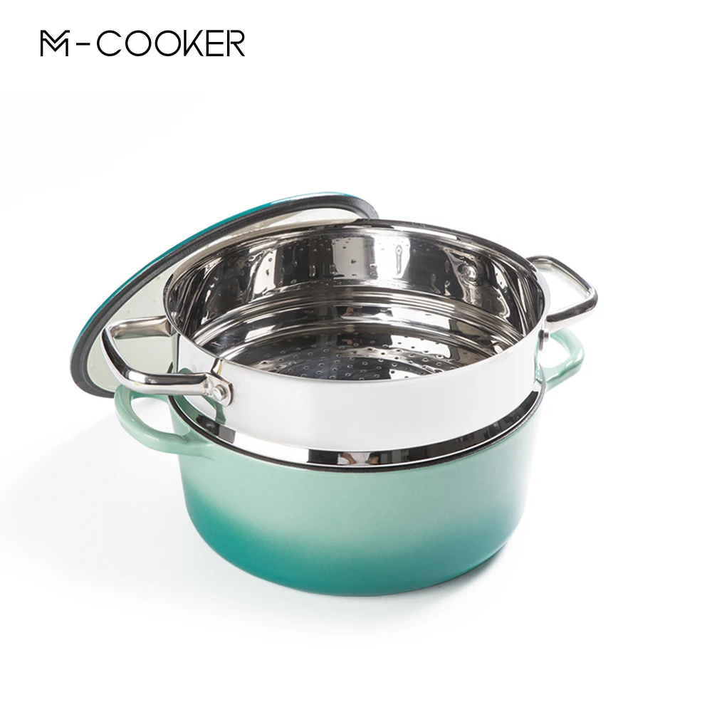 M-cooker ducth oven enamel steamer pot dish stew soup cooking cast iron casserole with stainless steel steamer