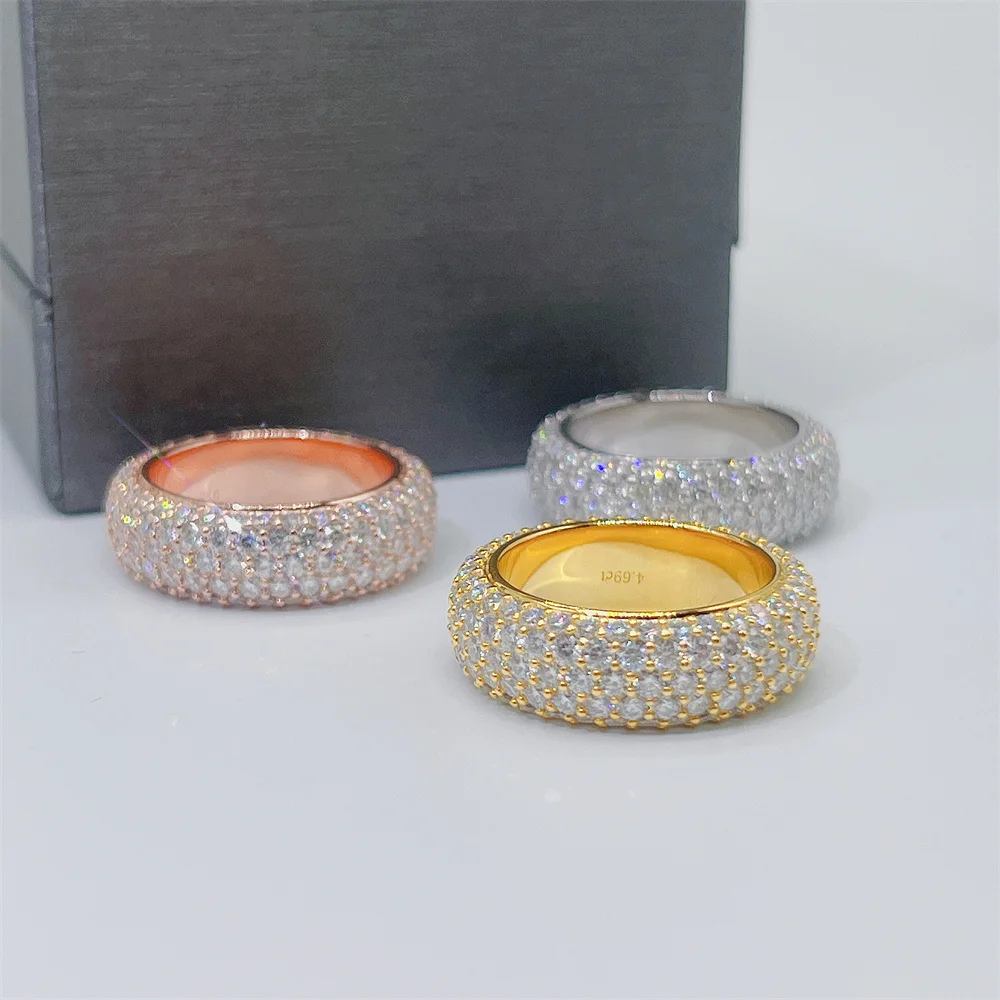 Luxury personalized factory high quality hip hop vvs moissanite 5 rows 925 silver mens eternity ring band for men women