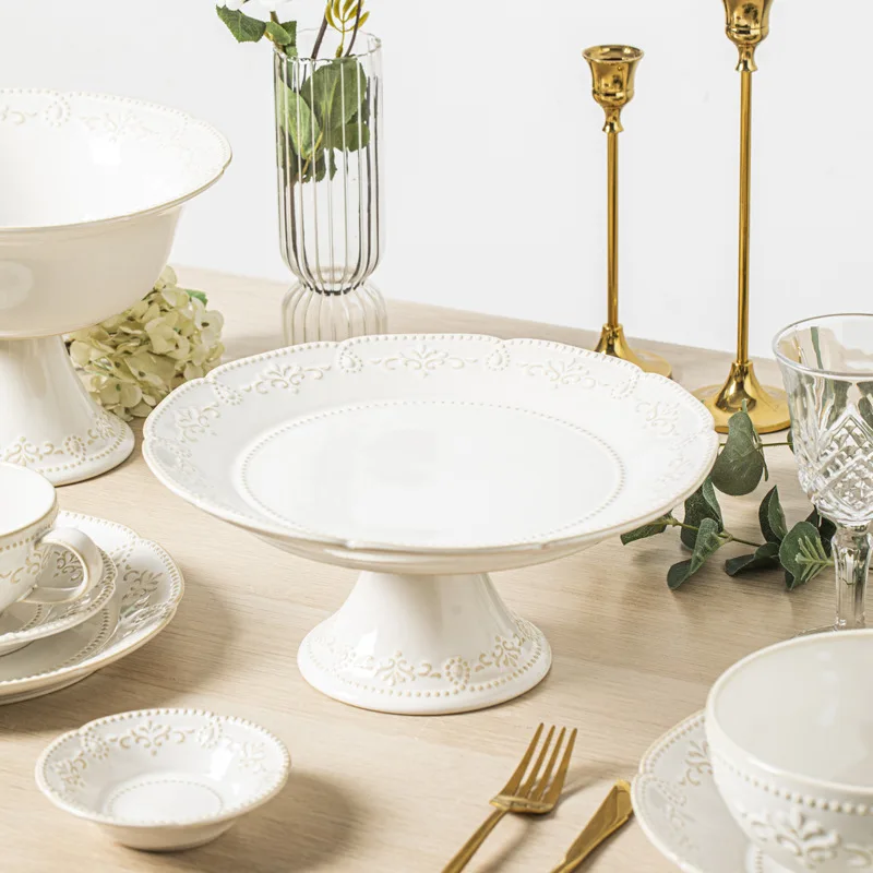 France High Footed Bowl With Flower Embossed Tableware 9 Inch White Porcelain Fruit Ice Cream Bowl Ceramic Serving Tableware