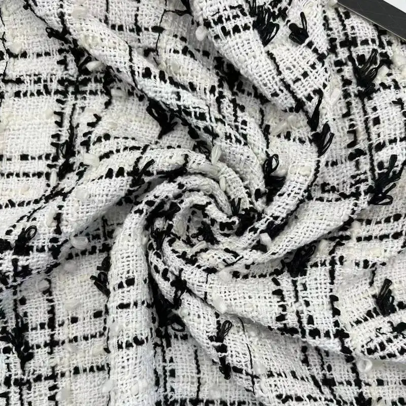 New Arrival Stock Fancy Tweed Dress Jacket Black White Plaid Winter Clothes for Women Tweed Fabric