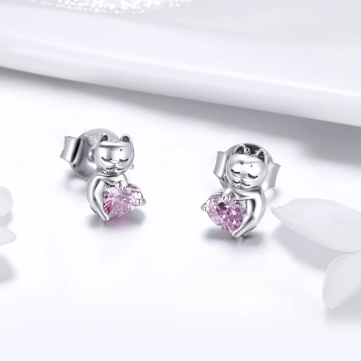Factory 925 Sterling Silver Cat Pussy Pink Cubic Zircon Small Stud Earrings for Women Fashion Silver Jewelry Gift SCE453